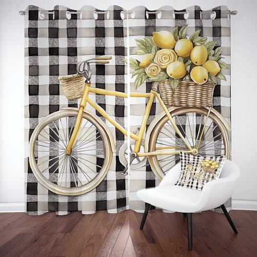 YGcegcia Schachbrettmuster Ösenvorhang, Rose Zitrone Fahrrad Druck Gardinen Thermovorhang, Geometrisch Nostalgie Vorhang Verdunklungsvorhänge 2er Set für Kinderzimmer Schlafzimmer, H183 x B117 cm