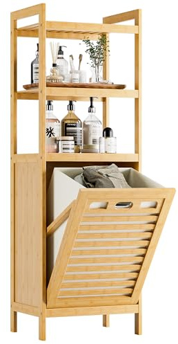 HITNET Armario de Baño con Cesto Ropa Sucia, Mueble Ropa Sucia de Bambú, 40L Bolsa Interior Extraíble con Asas y 3 estantes Abiertos, para Lavadero,Sala de Estar y Dormitorio, Natural