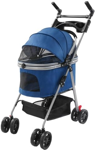 Apriltop Haustier Wagen mit 4 Rädern (2 mit Bremsen), Verstellbarer Griff, Hundewagen bis 12 Kg Faltbar, mit Aufbewahrungskorb, für Katzen und Hunde, für Zuhause, Park, Reisen (Dunkelblau)