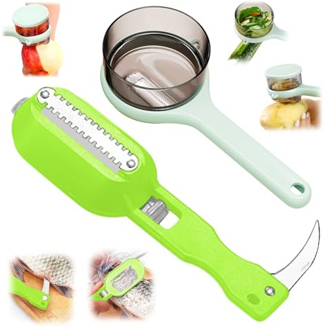 Pelaverdure con contenitore e set di rimozione delle squame di pesce, coltello per sbucciare con scatola portaoggetti, strumento per la rimozione del pesce per la cucina (verde)