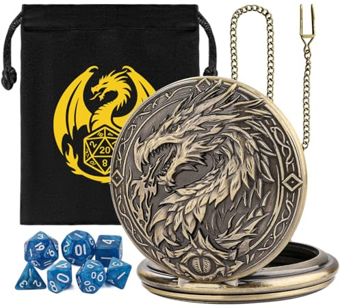 Mini DND kub set, med steampunk drake stort fickur skalfodral, 7-delad polyester akryl D & D kuber, DND presentpåse med draklogotyp, rollspel brädspel tillbehör, brons blå