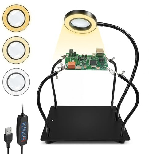 Terza Mano per Saldatura 6X Lente d‘Ingrandimento LED 4 Bracci Flessibili Portal circuiti Stazione Saldante per Elettronica Gioielleria Hobby
