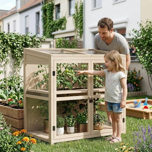 Fioriera in legno, 103 x 61 x 103 cm, autoportante, serra a 2 piani con doppia porta, facile da montare, per giardino, balcone, terrazza, legno naturale