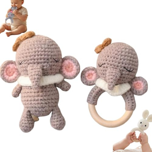 Xiyocadt Rassel Baby 0-6 Monate, Babyrassel Personalisierte Babygeschenk, Gehäkelte Tiere für Babys (Kleine Elefanten)