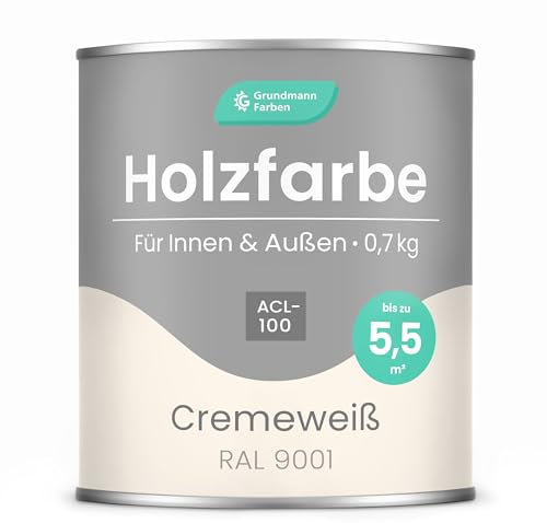 Grundmann Holzfarbe ACL 100 - Holzlack 0,7 Kg Creme - 4in1 inkl. Grundierung - Seidenmatt - Wetterfest für Innen und Außen - RAL 9001 Cremeweiss/Altweiss