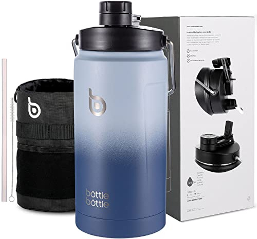 BOTTLE BOTTLE Insulated Water Bottle 64 oz with Straw and Dual-use Lid Half Gallon Water Jug Vacuum Stainless Steel for Workout and Sports Insulated Beer Growler with Handle（Ocean Blue）