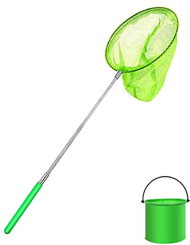 1 Pack Kids Telescopic Butterfly Net Fishing Net Pond Net Extendable (14.5 to 33.8 Inches) With 1 Pack Folding Bucketfor Kids Catching Bugs Insect Small Fish Outdoor Beach Garden Activities (Green)