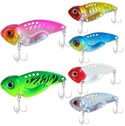 Senvenelec 6 st (12 g) ViB hårt fiskebete, vevbete-kit, ViB metallbete, 3D-öga fiskebete, dubbelkrokdesign.