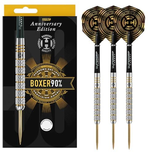 Harrows Boxer 90% Tungsten Steel Tip Darts Set | Erhältlich in 21g, 23g & 25g | Inklusive Midi Supergrip Carbon Schäfte & Neue Anniversary 100 Mikron Flights (25g)