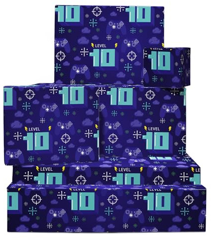 Papel de regalo para juegos para niños - Papel de regalo para 10º cumpleaños - 6 hojas de papel de regalo - 10 años - Gamer - Videojuego - Reciclable - Por Central 23