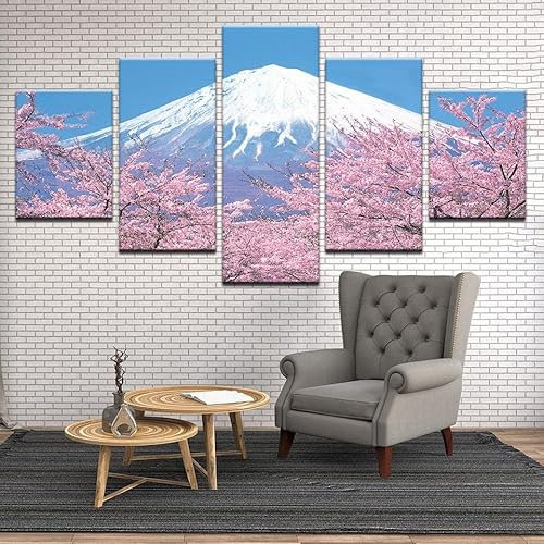 Toile Decoration Murale Toile Peinture Grand Format Impression Sur Toile 5 Parties Mont Fuji Mont des cerisiers en fleurs Japon Tableau Decoration Murale Tableaux Decoratifs Muraux Salon Avec Cadre