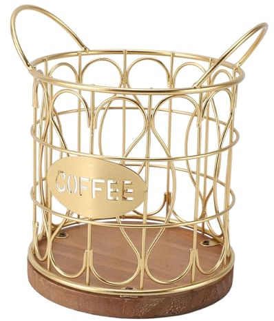 Kaffeepadkorb, Dekorativer Runder Kapselhalter aus Draht mit Holzsockel, Rostfreie Metallkonstruktion, Beschwerter Sockel, für die Café-Küche (GOLD)