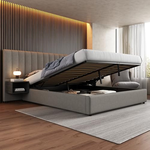 BLPZFTN Cama tapizada de 180 x 200 cm con cajonera y mesitas de noche, cama de almacenamiento hidráulico con cabecero extendido y somier, cama para dormitorio y habitación de invitados, lino, gris
