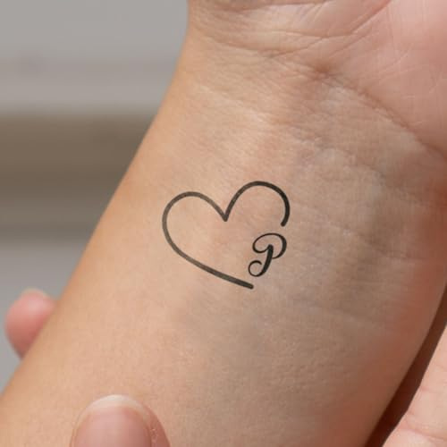 Inkster - Herz mit Initialen Tattoo - Buchstabe P - vegane & wasserfeste Temporäre Tattoos für Erwachsene - EU-Kosmetikzertifizierte Farbe