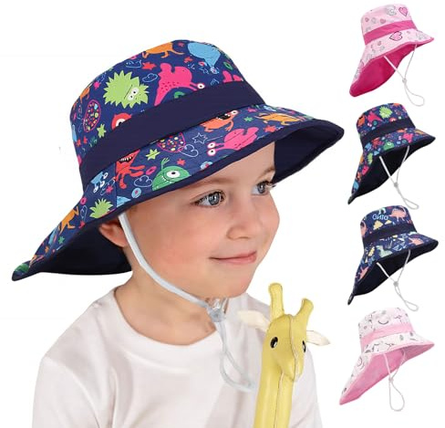 dellyy Solhatt baby barn, sommarhatt barn, sommarhatt bred brätte, UPF 50 UV-skydd, 4 mönster (enhörning, regnbåge, dinosaurie, monster) – för flickor och pojkar, Mörkblå – b, 52