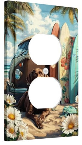 Placas de cubierta para interruptor de luz para perro de playa, cachorro marrón costero con tablas de surf, decoración de pared de verano, placas de pared termoplásticas, salida dúplex individual de