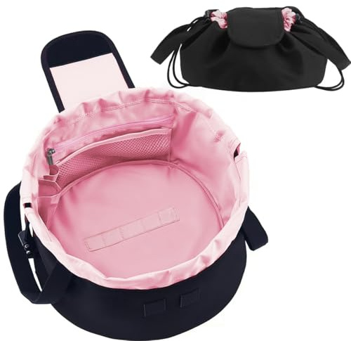 Lay Flat Drawstring Makeup Bag,Travel Cosmetic Organizer for Women,Large Capacity Toiletry Bag,Portable Open-Flat Design for Skincare and Makeup Brushes (Pink)