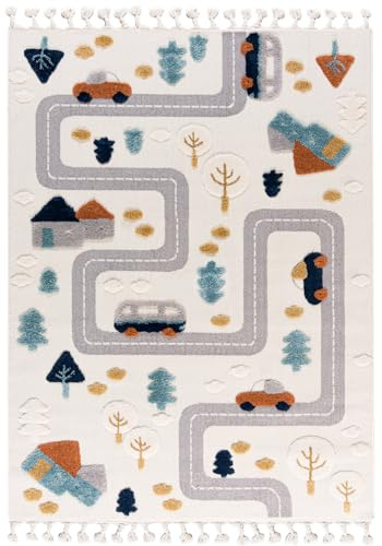Mazovia Teppich Kinderzimmer 140x200cm Creme Autos Kinder 3D-Muster Elegant | Teppich für Wohnzimmer Schlafzimmer Esszimmer Büro Beige Pflegeleicht Tierfreundlich Allergikerfreundlich Mittelflor Stilvoll
