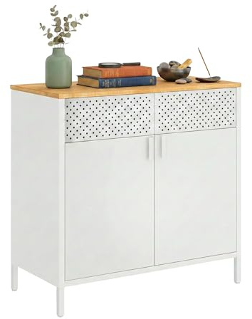 Relaxdays Metallschrank, HxBxT: 77 x 80 x 40 cm, 2 Türen, Verstellbarer Einlegeboden, Büroschrank Metall, weiß/Natur