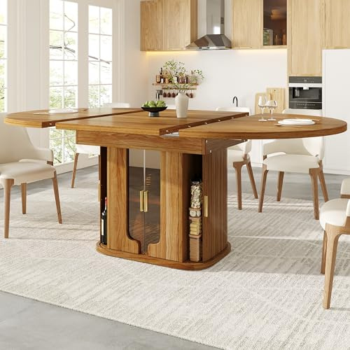 Jaxenor Extendable Dining Table 4-6 Seater, Round Extending Dining Table with Glass Doors, 118-158cm, Extends to Oval, Modern Kitchen Table for Living Room, Dining Room, Restaurant, Walnut