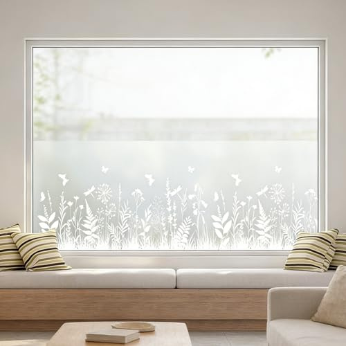 Fensterfolie Blickdicht Selbsthaftend Folie Fenster Sichtschutz, 44X200cm | UV-Schutz Milchglasfolie Selbstklebend Fenster Sichtschutzfolie Blumenmuster Fensterbilder für Wohnzimmer Badezimmer Büro