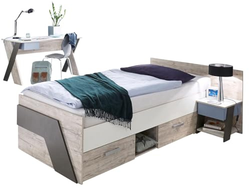 Lomadox Jugendzimmer Kinderzimmer Set, Sandeiche mit weiß, Lava blau, 90x200 cm Einzelbett, Schreibtisch, Nachttisch