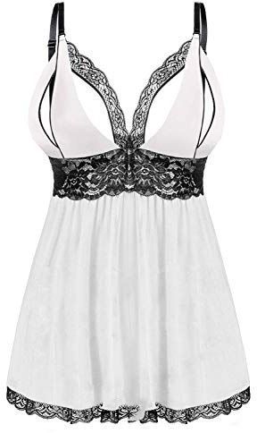 EVELIFE Babydoll Mujer Sexy Conjunto de Lencería Tallas Grandes Camisón de Encaje Tanga Ropa Interior Dormir Vestido(Blanco XL)