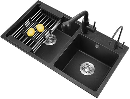 DECORN Küchenspüle aus Schwarzem Quarz Doppelwaschbecken mit Ausziehbarem Wasserhahn und Ablaufgarnitur Aufsatz- oder Unterbauspüle für Restaurants, Geschäfte, Bars und Zuhause,750x410mm