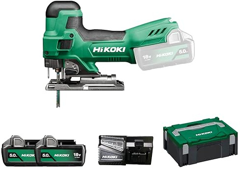 HIKOKI Akku Stichsäge CJ18DB (18V (2x5,0Ah) Li-ion, Sägehub: 26 mm, Leerlaufhubzahl: 550-2500 min-1, Gehrungsschnitte R/L: 45 °, Kleinster Schnittradius: 25 mm) Zubehör alles im HSCII Koffer.