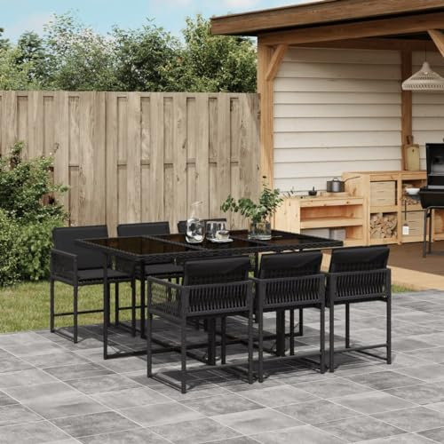Faroom Polyrattan Sitzgruppe for 6 Personen - Gartenmöbel Set 6 Stühle mit Tisch mit Glasplatte & Kissen - Garten Sitzgruppe - Polyrattan Gartenmöbel Set für Garten & Terrasse Schwarz AS 7