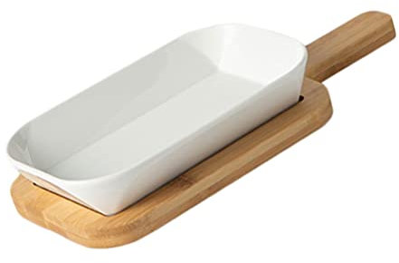 OQHAIR Set Bianco pirofila in Ceramica casseruola teglia Ovale teglia per Lasagne teglia da Forno Insalata Piatti da Dessert con Vassoio in Legno per Cucina Cena Banchetto Creme brulée se