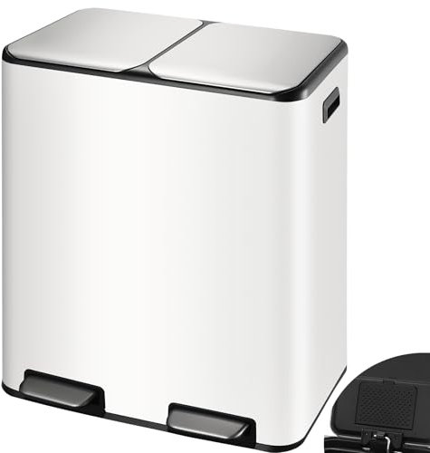 Arlopu 16Gal Dual Trash Can w/2 Built-in Box for Odor Control, Hands-Free Kitchen Garbage Bin, Recycle Waste Dustbin, Soft-Close Lid, 2 Buckets,Foot Pedal, Side Handle, Airtight,for Home (White)