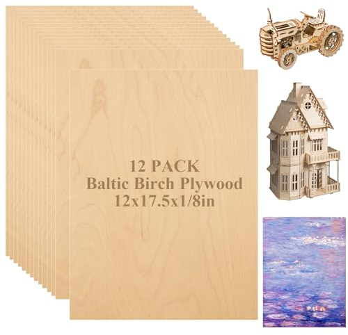 12 hojas de madera contrachapada de abedul báltico de 12 x 18 x 1/8 pulgadas de grosor de 3 mm sin terminar para artes y manualidades, pintura, pirografía, grabado de madera, quema de madera, láser