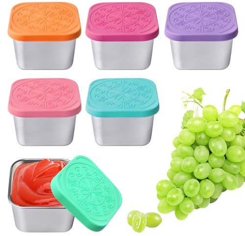 GOMETY 6 stycken salladsdressingsbehållare, 180 ml rostfritt stål snacksbehållare med silikonlock, mini dopp såsbehållare burk läckagesäker sås livsmedel förvaringslåda för mellanmål dips sallad