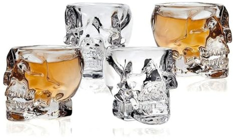 JOYWU 4 Pcs Skull Shot Glass,75ml Halloween Skull Glass Cups,Crystal Skeleton Cup for Whiskey,Vodka,Wine,Cocktail,Clear Skull Face Drinking Cup,Funny Clear Skulls Cup,Halloween Drinkware Supplies