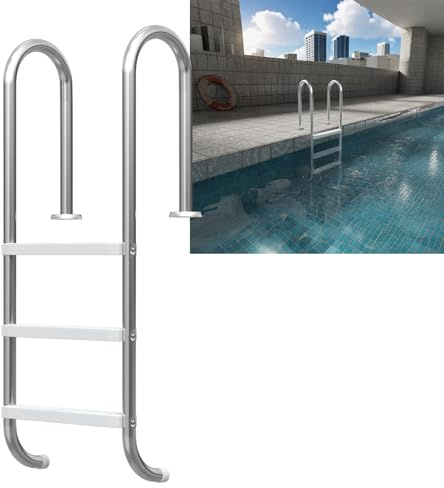 YUENFONG Edelstahl Poolleiter, Pooltreppe Poolleiter 132cm Poolhöhe mit 3 Stufen, Schwimmbadleiter Leiter Rutschsicherung Einstiegsleiter für Pool & Schwimmbecken, Silber, 132 x 54 x 26.5 cm