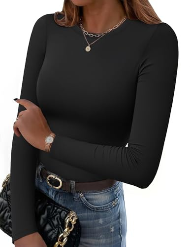 HOTOUCH Womens Long Sleeve T-Shirts Casual Crew Neck Shirts Slim Fit Tops Basic Solid Color Tunic Tee Stretchy Black S