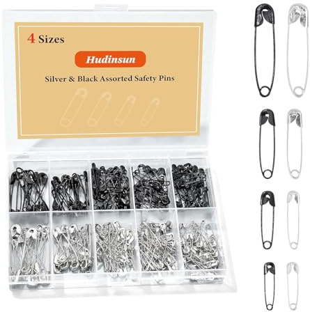 RUISPEED Sicherheitsnadeln 210 Stück in 4 Größen, Silber & Schwarz, rostbeständige Nähklammern für Kleidung, Stricken, Handwerk, Nähen und Säumen – Set mit Großen und Kleinen Sicherheitsnadeln