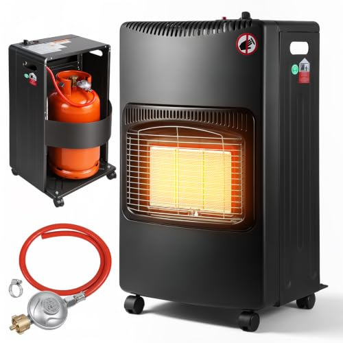Hebitod Gasheizofen Gasheizung innen 3 Stufen Regler Wärmeleistung 1400-4200 Watt max. Heizvolumen 80 Kubikmeter Butan- oder Propangasflaschen bis 10 kg verwendbar inkl Gasdruckregler und Gasschlauch