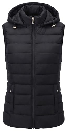 Gilet Donna in Piumino Smanicato Trapuntato - Cappuccio Rimovibile, Zip Frontale e Tasche Funzionali - Giubbotto Imbottito Leggero per Mezze Stagioni (IT, Testo, L, Regular, Regular, NERO-2)