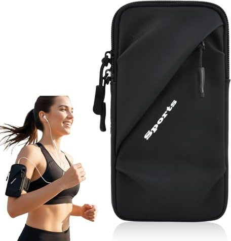 Fascia da Braccio Porta Cellulare per Running, Corsa e Fitness, Armband Sportivo Universale con Doppia Tasca, Impermeabile e Leggera, Compatibile con Smartphone Fino a 6,9, Nero