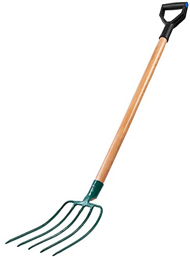 KADAX Forca da Giardino in Acciaio Resistente per Coltivazione e Lavori Agricoli, Forcone per Fieno con Manico Ergonomico in Legno (5 Denti)