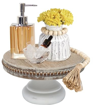 dwellington White Wash Round Display Wood Riser, 8.25” Shabby Chic Pedestal Tray Decor with Beads, Farmhouse Display Stands for Small Items in Coffee Bar, Bathroom, Kitchen Island