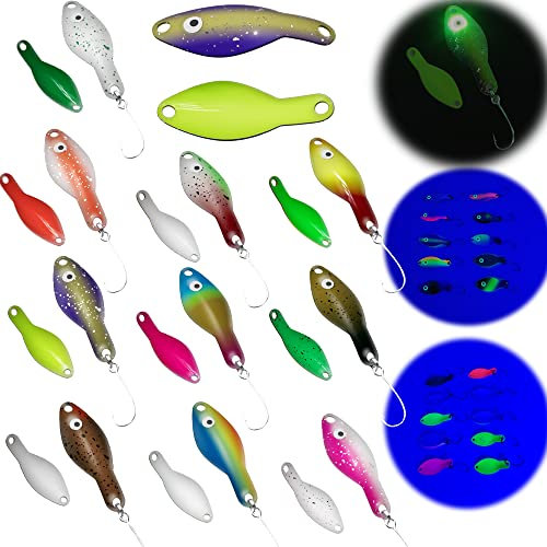 Messeneuheit 2024 UV Aktive Spoons Forelle Set 10 Stück 3,5cm 2,5g UL mit aktiv leuchtenden Auge in Box | Angeln Forellenköder Set Angelzubehör