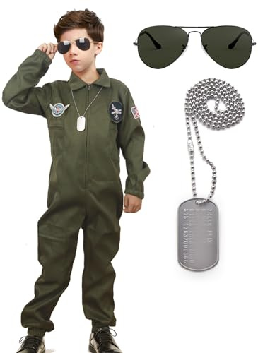 VZQI Flight Suit for Kids Costumes Air Force Pilot Halloween Cosplay for Boys with Sunglasses Green XXL
