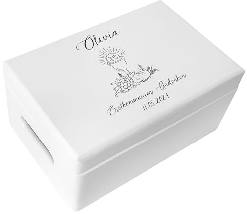 Creative DECO Blanca Caja Regalo Personalizada Primera Comunión para Niños | Caja de Memoria de Madera para Niñas | Personalizado - Cáliz | Impreso | Personalizadas para Niño y Niña | Personalizados