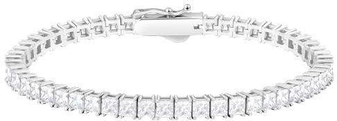 KRKC&CO Tennisarmband Silber 925 für Damen, 3mm Tennis Armband Prinzessschliff Weißgold beschichtet, Zirkonia Kristall Armband Iced Out, Geburtstag Geschenk für Frauen Mädchen [Größe 16,5cm]