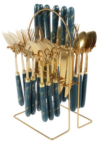 24 Pcs Flatware Set with Hanging Holder, Hanging Stainless Steel Cutlery Set Service for 6 People, Spoon Knife and Fork Sets, Mirror Polished Design Silverware Set for Home Kitchen Restaurant (Green)