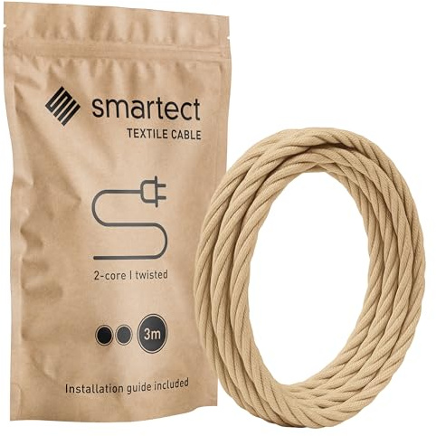 smartect Cable Textil Trenzado 2 Hilos (2 x 0.75 mm²) Marrón Claro 3 Metros | Vintage Cable Eléctrico, Cuerda para Lámpara con Revestimiento Textil para tu Proyecto DIY