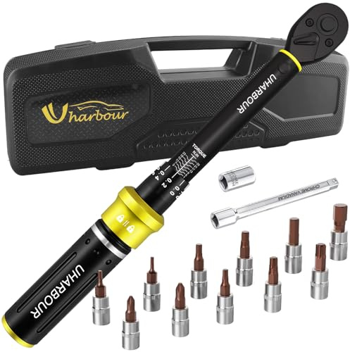 Uharbour Clé dynamométrique pour vélo, 1-25 Nm, petite clé dynamométrique 1/4 pour vélo et moto, kit avec tige d'extension, hexagonal, Torx et Phillips, 72 dents